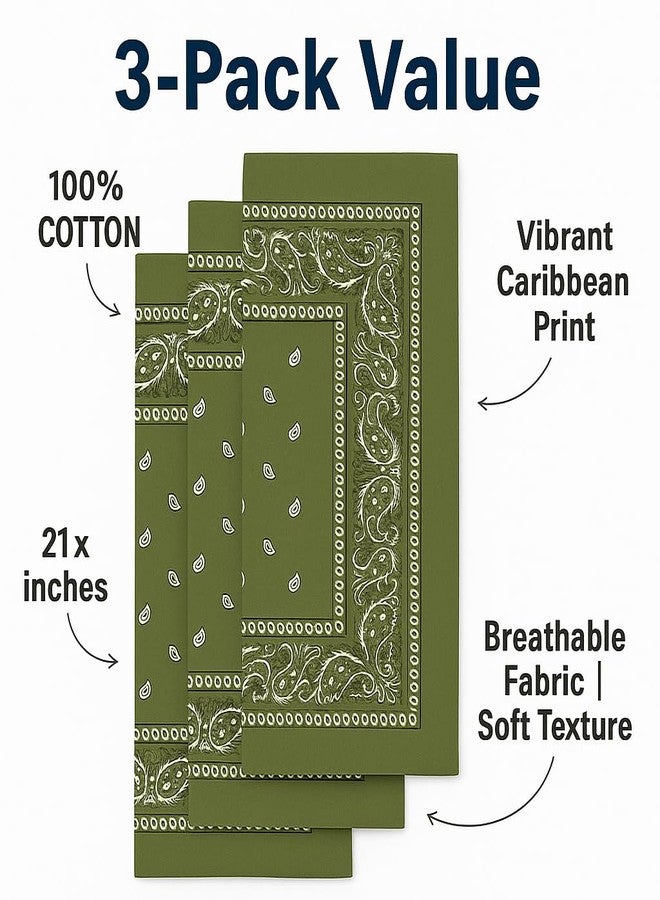 SUNRIBE Military Green Paisley Bandanas 3-Pack - 100% Cotton 21x21 Inch Classic Square Head Wrap, Face Cover, Neck Scarf, Wrist Wrap & Pocket Square | Unisex Accessories for Everyday & Outdoor Style - Image 2